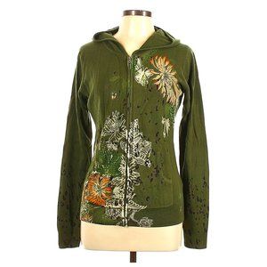 Soft Floral Butterfly Print Zip Hoodie Sweater by Til the End Forest Green Large